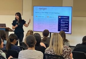 Caroline Sheu speaking at a National Charity League event about career success in the AI economy