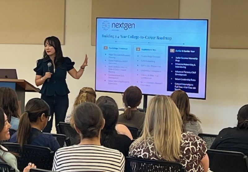 Caroline Sheu speaking at a National Charity League event about career success in the AI economy
