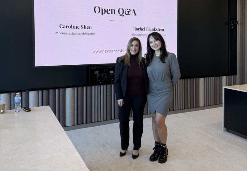Caroline Sheu and Rachel Blankstein of NextGen Advising at a J.P. Morgan event in New York City